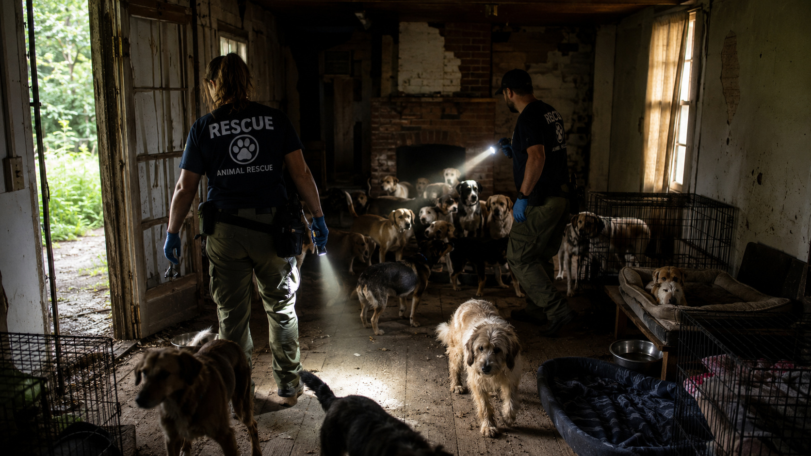 Cães resgatados em baias limpas de abrigo recebendo cuidados veterinários