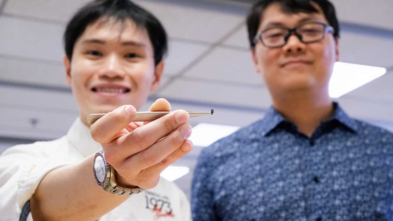Professor Lum Guo Zhan (à direita) e o estudante de doutorado Nicholas Yong Wei Foo (à esquerda), que segura o robô cirúrgico com uma pinça - (Divulgação: Nanyang Technological University)