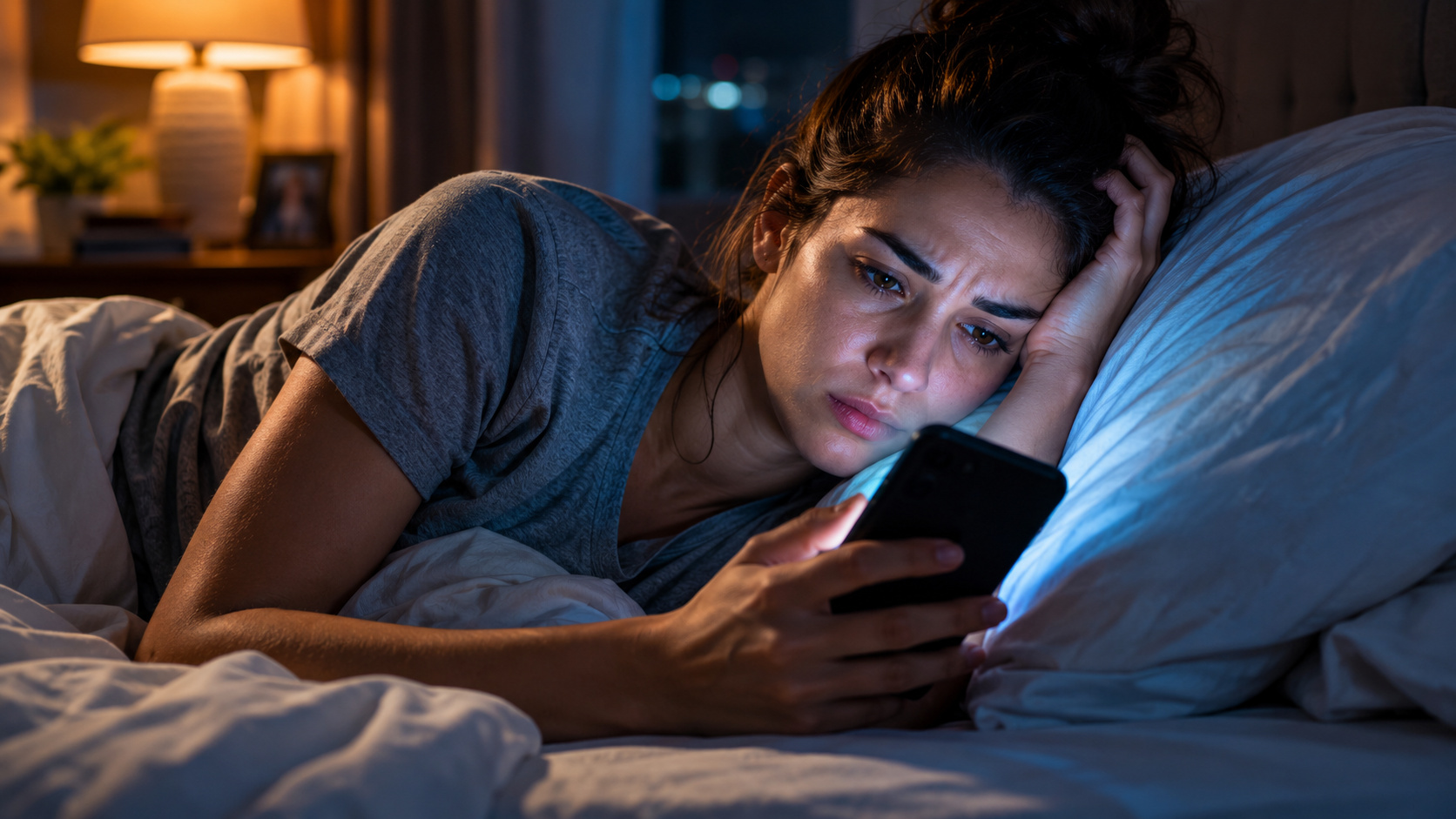 Mulher usando celular na cama durante a noite representa o impacto do excesso de tecnologia e o tecnoestresse na saúde mental.