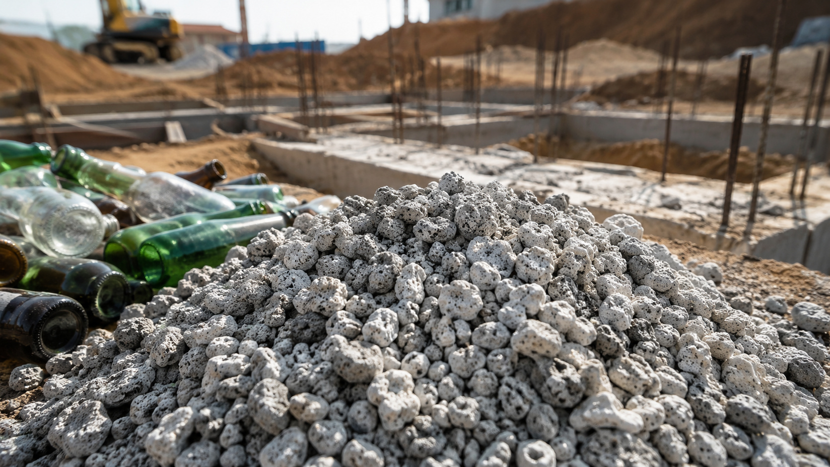 Garrafas de vidro descartadas ao lado de espuma vítrea usada como agregado leve em obra da construção civil sustentável.