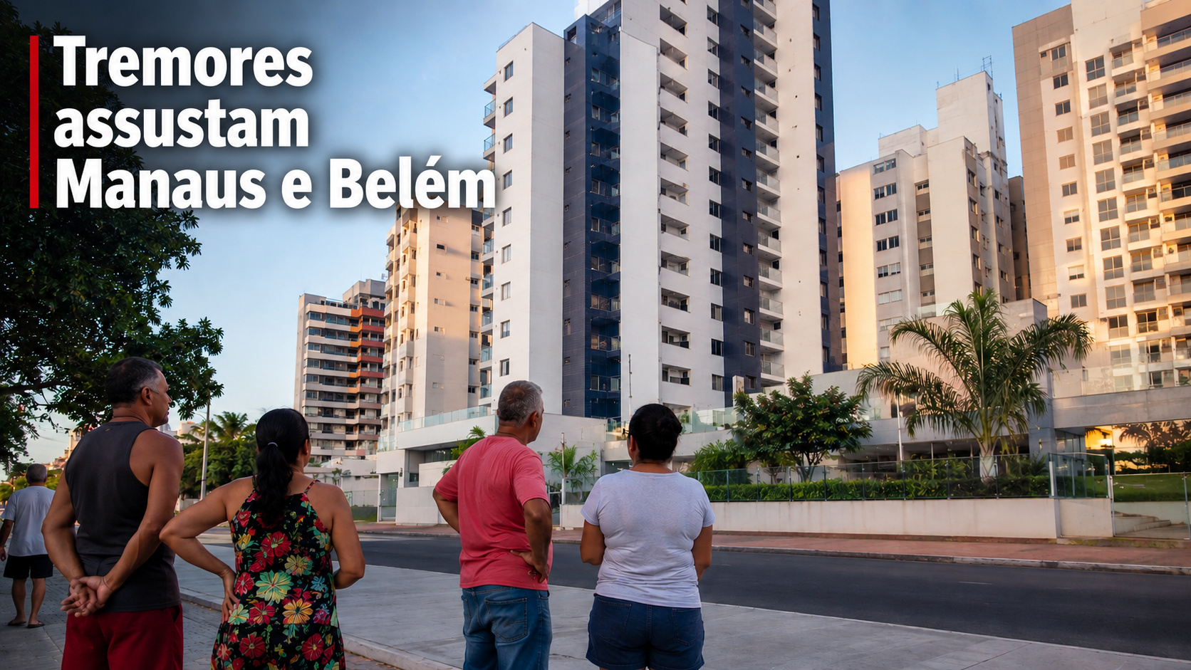 Moradores em rua urbana observando prédios após tremor sentido em Manaus e Belém após terremoto na Venezuela