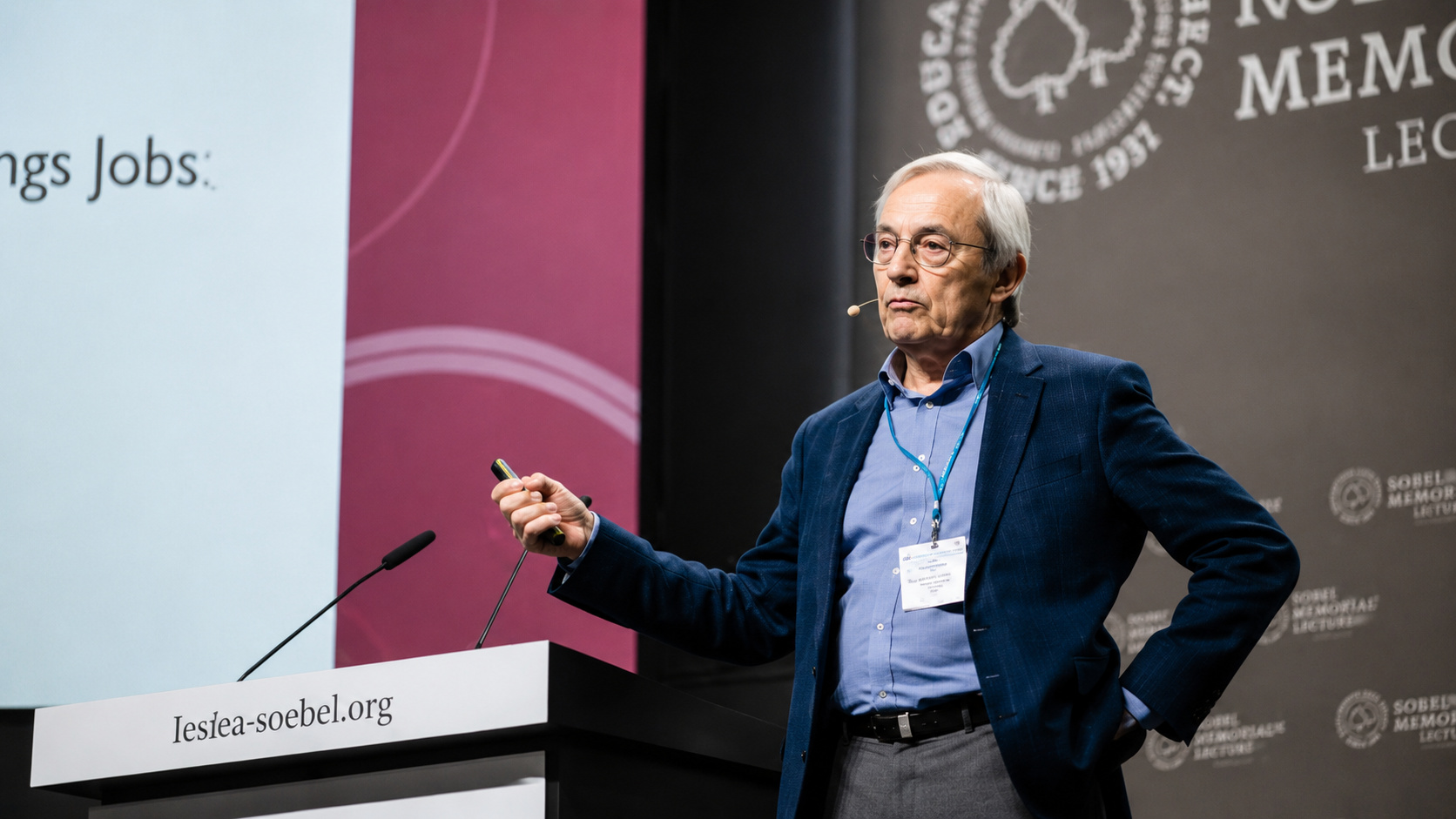 Christopher Pissarides, Nobel de Economia, durante palestra sobre produtividade, jornada de trabalho e mercado de trabalho em evento acadêmico internacional.