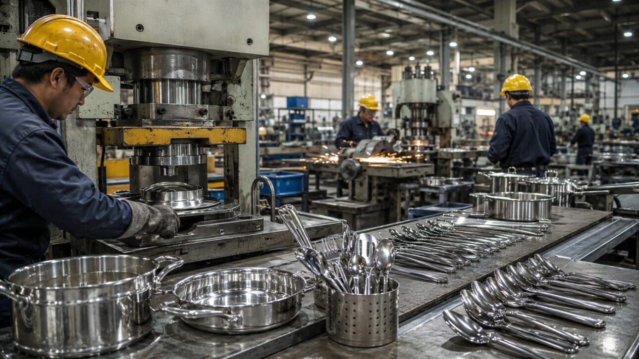 Panelas e talheres embalados para exportação, prontos para abastecer cozinhas em mais de cem países.