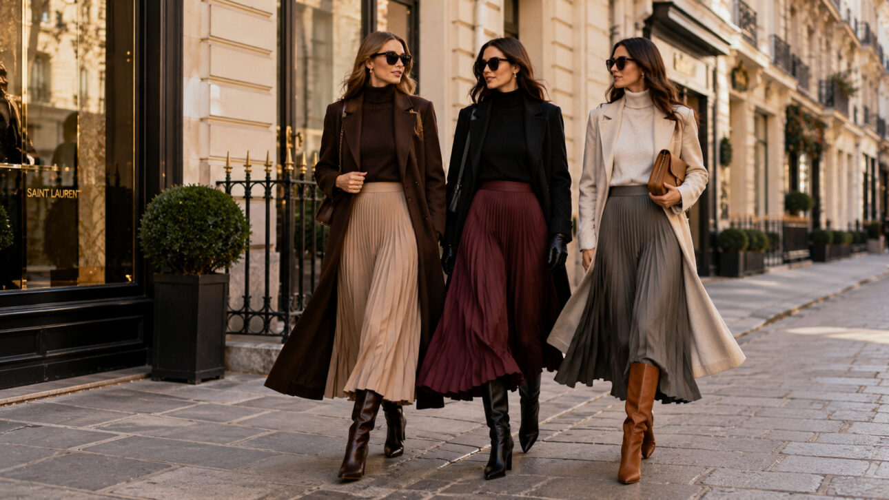 Three women wearing long skirts and high boots walk down an elegant street during winter.