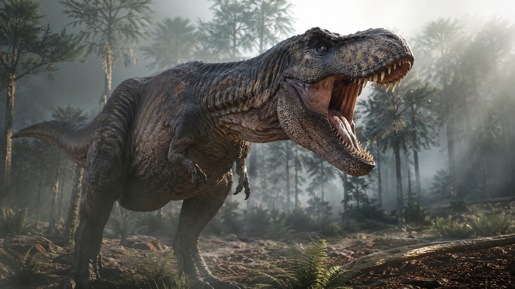 T-Rex em ambiente pré-histórico destacando braços curtos, crânio robusto e mandíbulas poderosas.