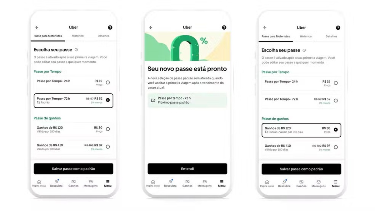 Uber Driver app screens show the options of the Driver Pass, a new subscription system being tested in 12 Brazilian cities.