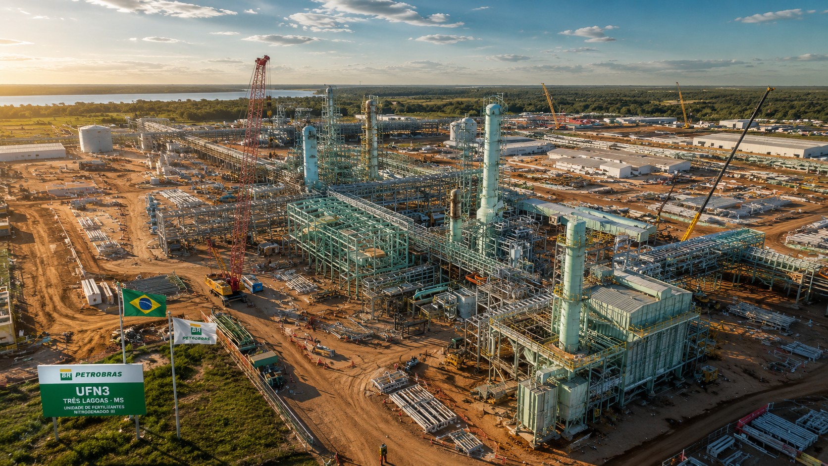 Vista aérea ampliada da UFN-3 da Petrobras em Três Lagoas (MS), mostrando estruturas industriais, tubulações, guindastes e áreas de construção durante a retomada das obras.