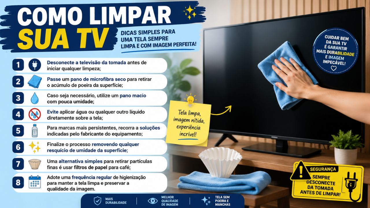 Limpar a tela da TV da maneira correta ajuda a evitar riscos, remover manchas e preservar a qualidade da imagem do aparelho.