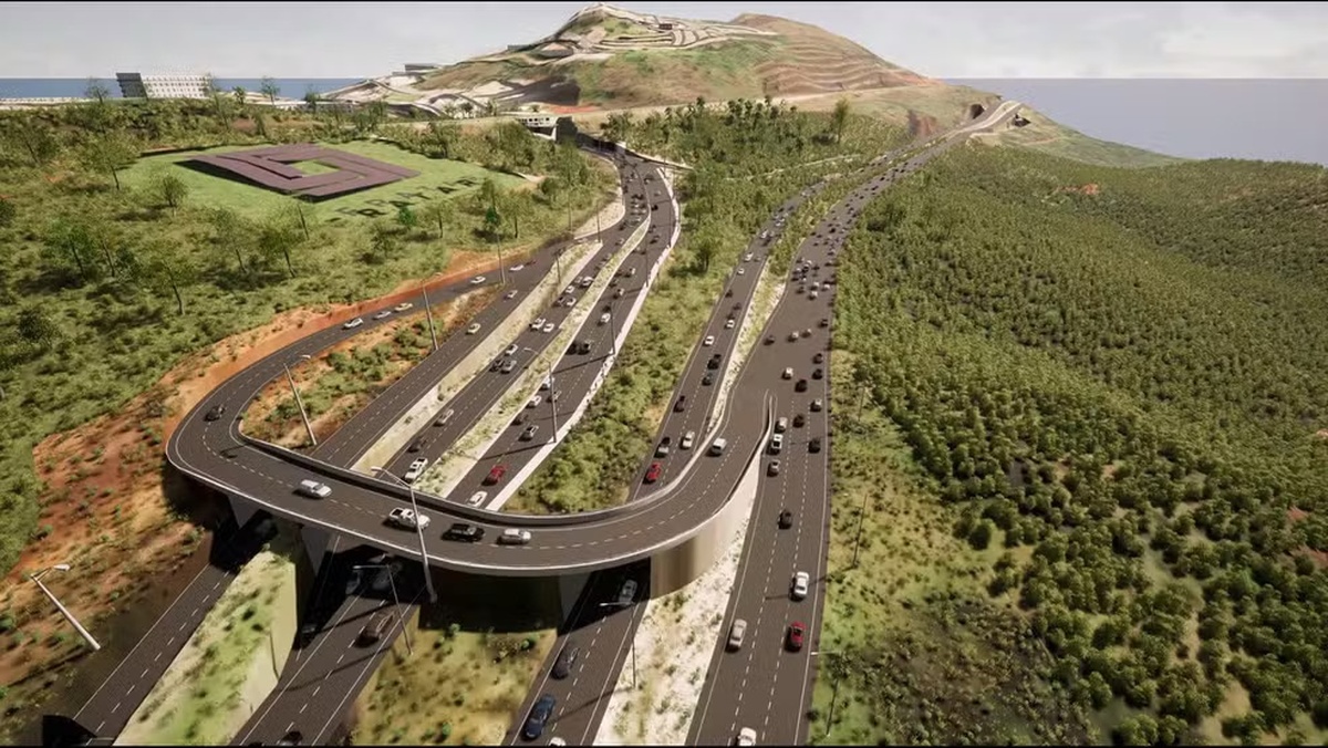 Imagem ilustrativa do projeto do Viaduto Ferradura, com pistas elevadas, fluxo de veículos e área verde entre BH e Nova Lima.