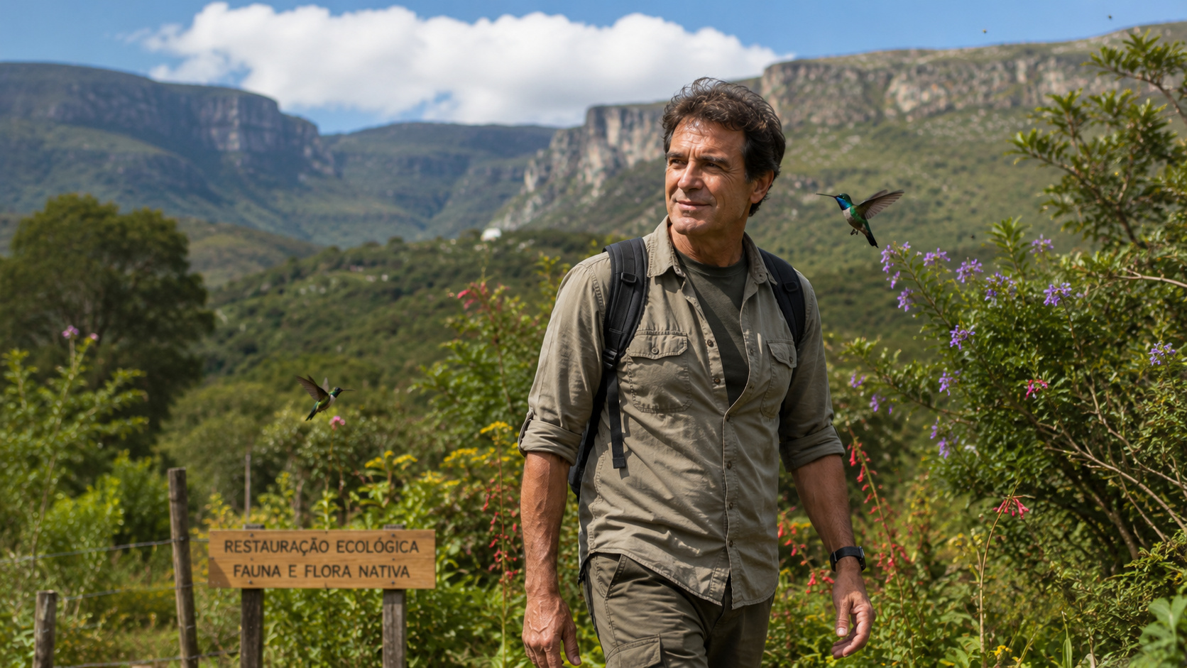 Victor Fasano em projeto de preservação ambiental na Serra da Canastra observando aves e plantas nativas.