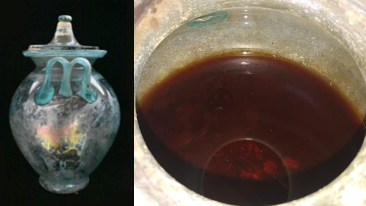Oldest liquid wine in the world found in a 2,000-year-old Roman tomb in Spain inside a glass urn with 5 liters and submerged human bones