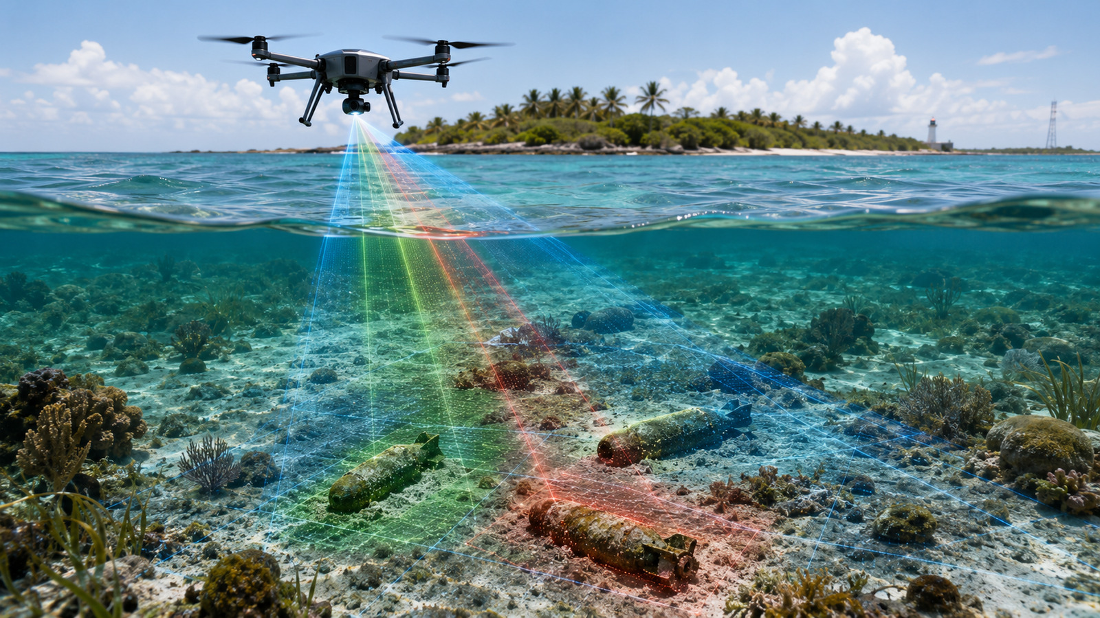 Drones agora conseguem achar bombas subaquáticas camufladas por areia e algas usando imagens aéreas, luz especial e inteligência artificial