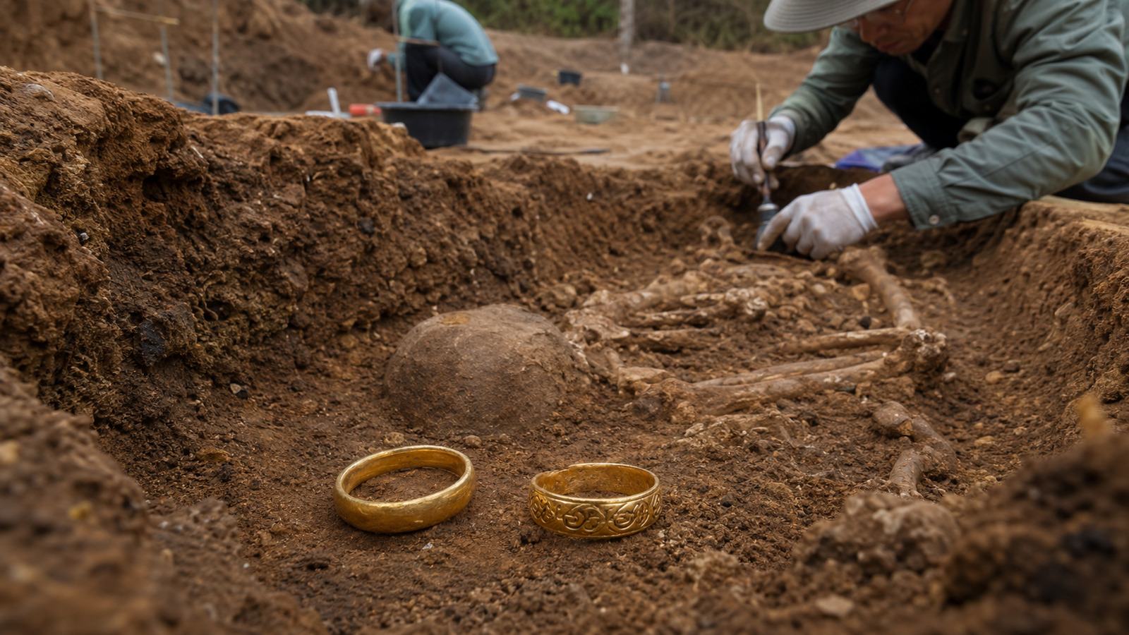 Achados por arqueólogos em escavação na Tailândia, anéis de ouro de 2.000 anos podem indicar túmulo de pessoa rica da Idade do Ferro
