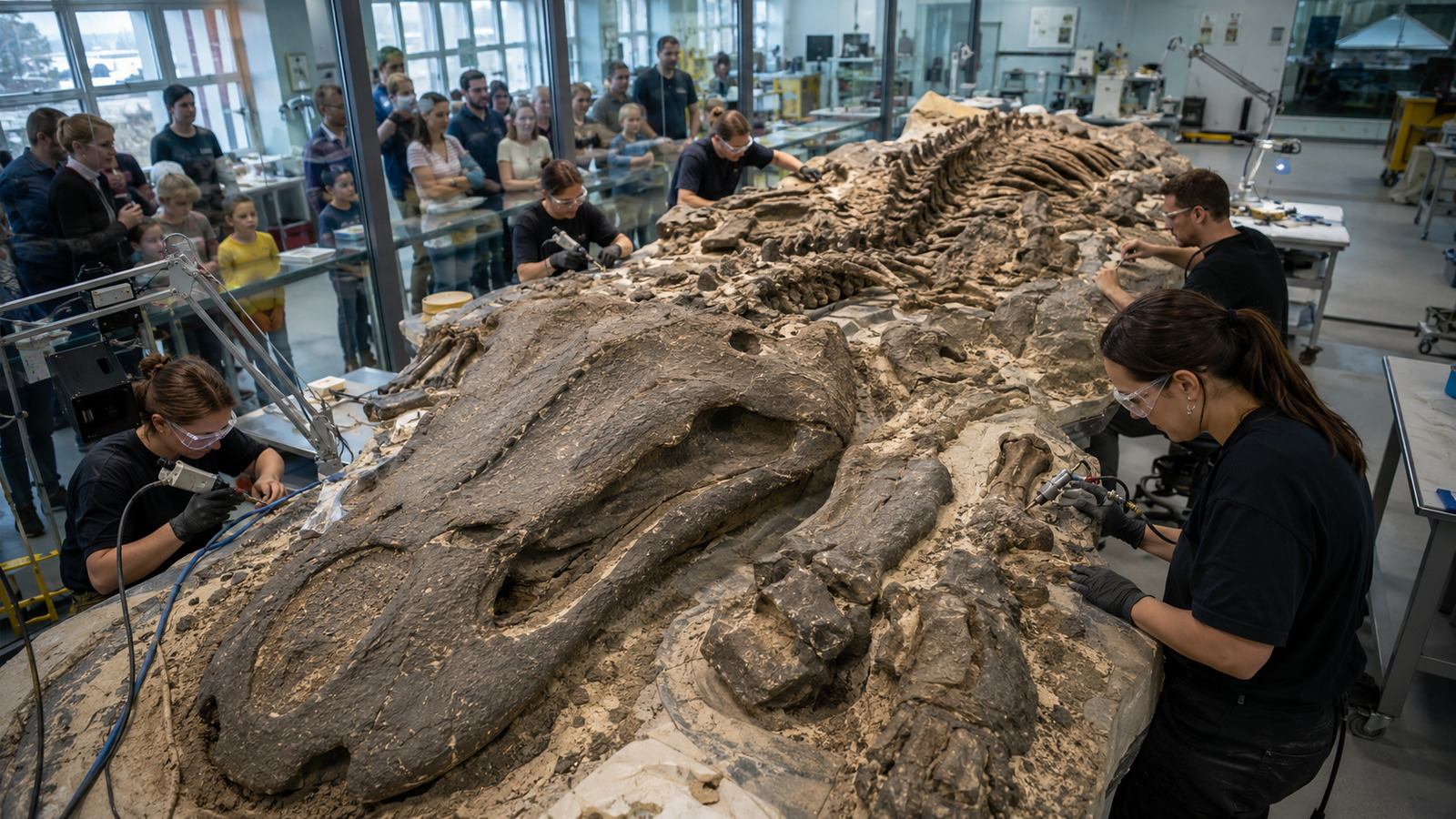 Em laboratório aberto ao público, 2 mil pessoas restauram um anfíbio pré-histórico de quase seis metros que pode virar a maior peça da espécie em um museu