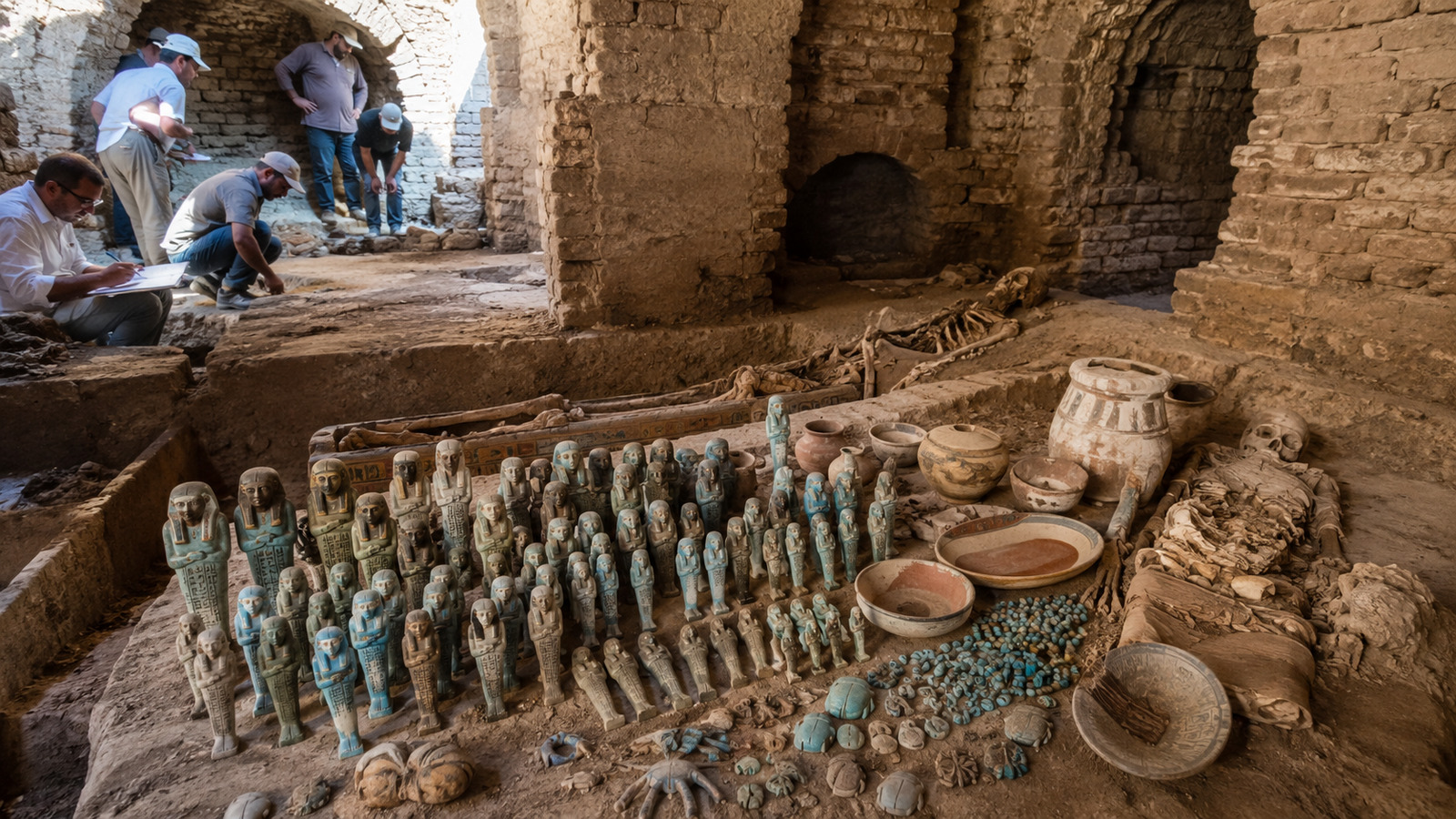 Arqueólogos abrem câmaras funerárias no Egito e encontram 560 estatuetas, dezenas de sepultamentos, resíduos de mumificação e cerâmicas trazidas da ilha de Rodes