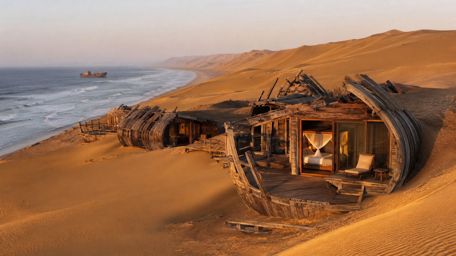 No deserto da Namíbia, hotéis de luxo se escondem na paisagem com arquitetura invisível, villas sobre pilotis, suítes de vidro e materiais retirados da própria região