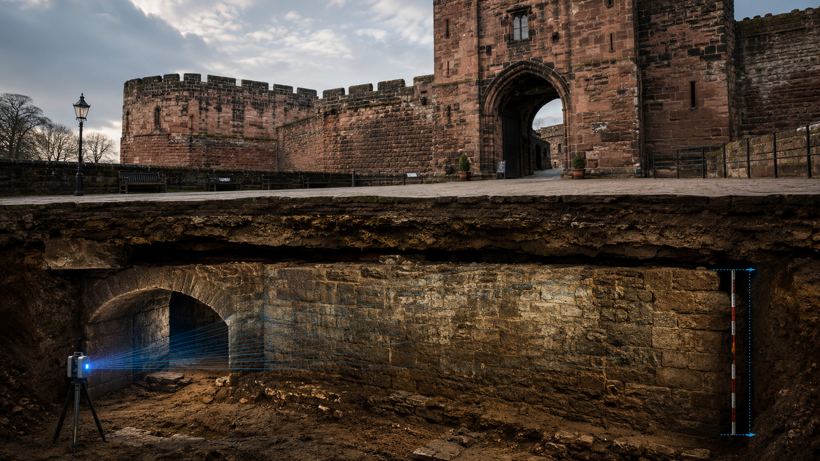 Tecnologia digital revela ponte medieval de 800 anos sob o Castelo de Chester, na Inglaterra, sem necessidade de escavações arqueológicas.