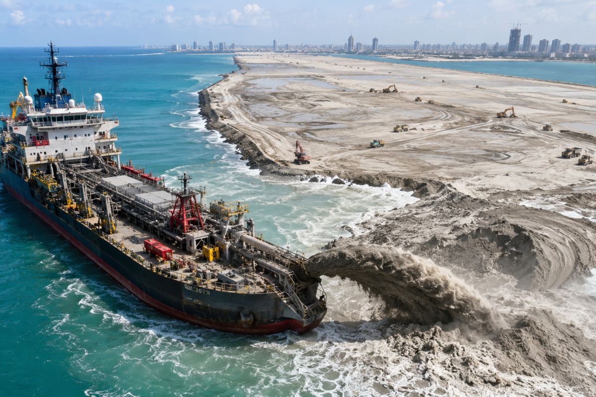 Areia dragada do Oceano Índico virou uma cidade de 269 hectares no Sri Lanka. Veja de onde saíram os 65 milhões de m³ e o que já foi construído ali.
