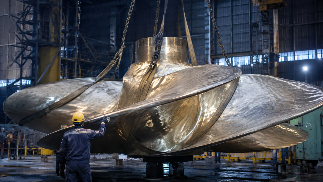 Worker observes a giant metal naval propeller inside a factory, highlighting the engineering used in cargo ships.
