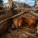 Operários abriam vala de esgoto em Manduria, na Itália, e acharam uma tumba messápia de 2.300 anos com vasos, lamparinas e parede pintada de vermelho.