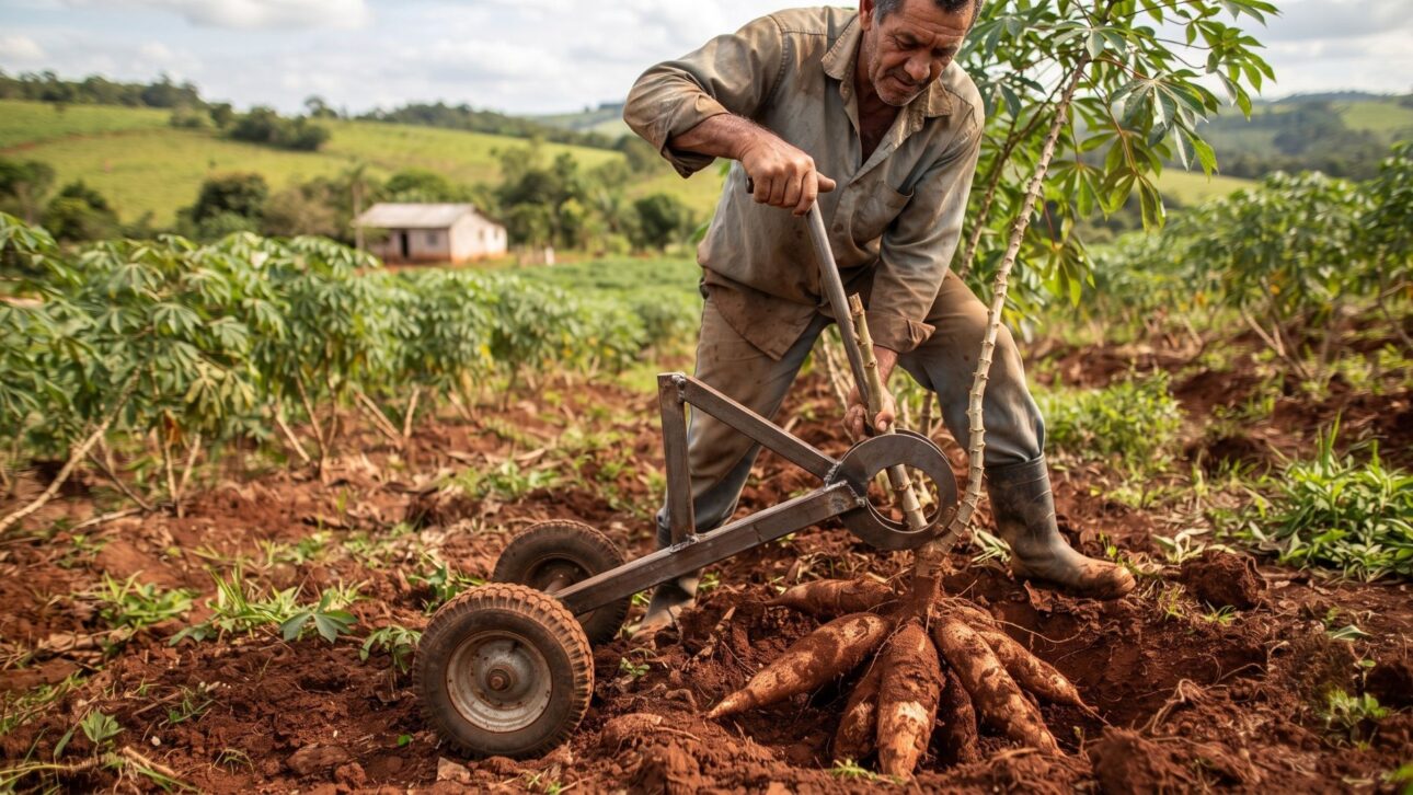 Tool with lever, wheels, and movable claw reduces effort in cassava harvesting