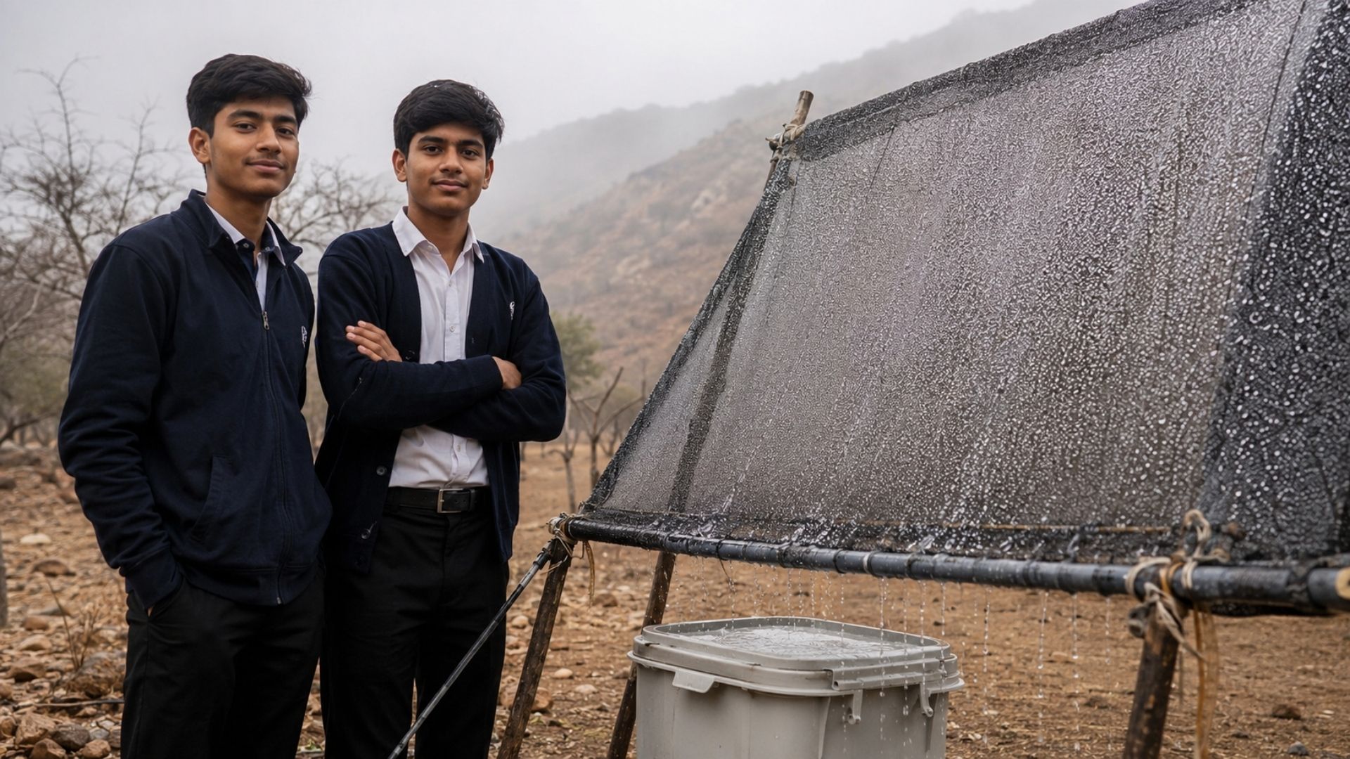 Estudantes de Jaipur, na Índia, criam o EcoFog, malha barata que capta água do nevoeiro sem energia contra a seca, e vencem prêmio na maior feira de ciências.