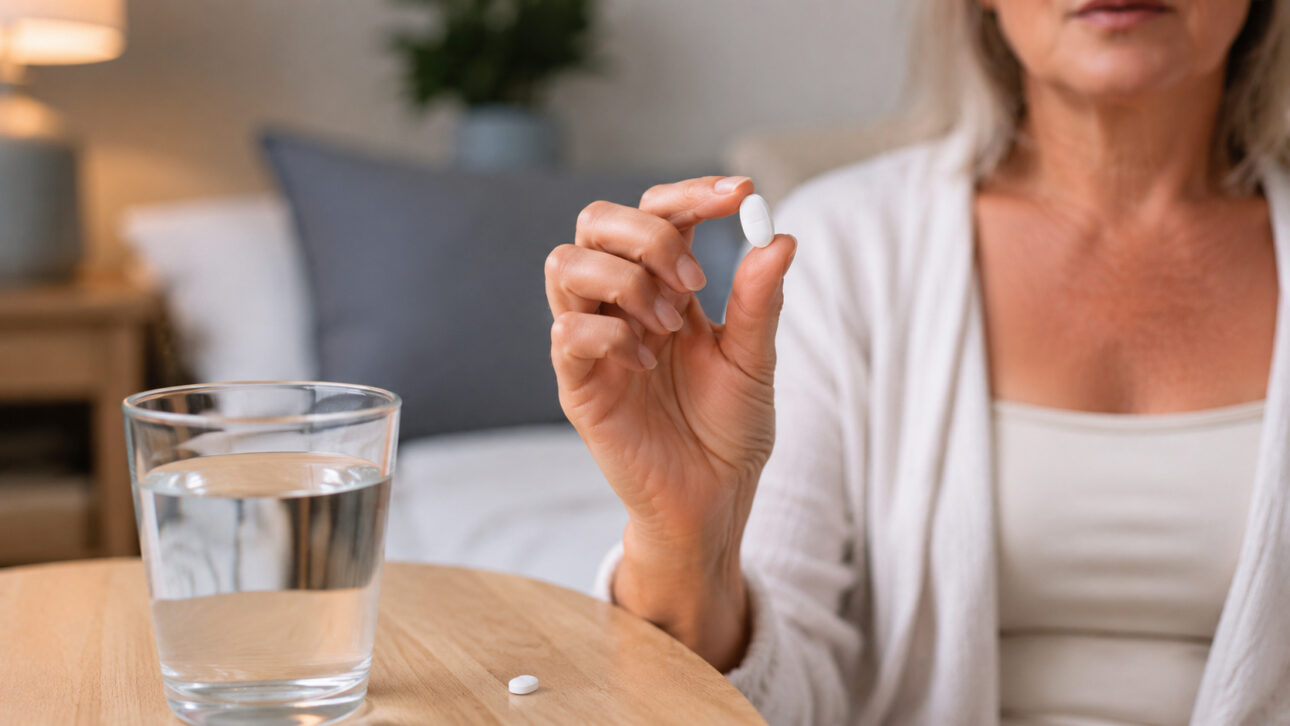 Mulher segurando um comprimido ao lado de um copo com água, ilustrando o uso de medicamento não hormonal para o tratamento de fogachos e sintomas vasomotores da menopausa.