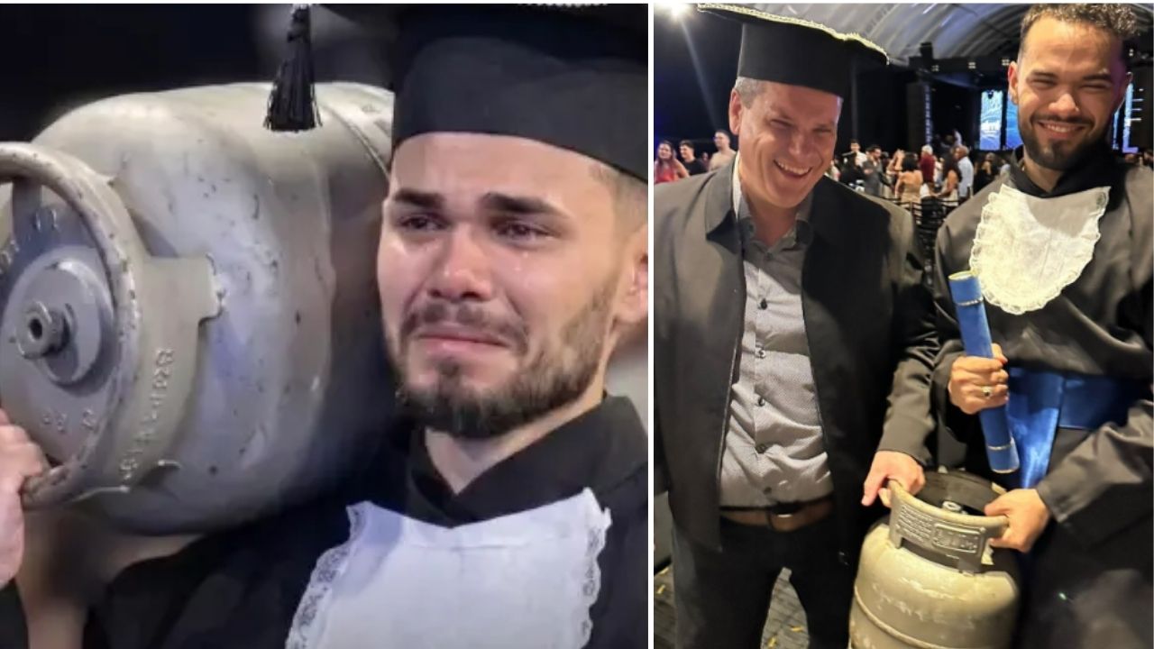 Aos 22 anos, formando atravessa o palco com um botijão de gás nos ombros para homenagear os 26 anos de trabalho do pai e transforma a formatura em um reconhecimento público à história profissional que marcou sua família