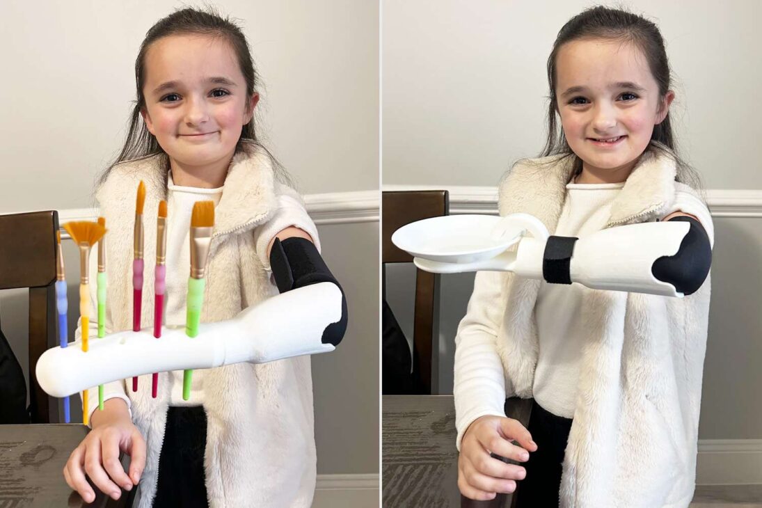Prótese 3D criada por universitário para irmã de 7 anos reúne UNO, pincel e lanterna em projeto feito na Carolina do Sul. (Imagem: Reprodução/Bob Jones University)