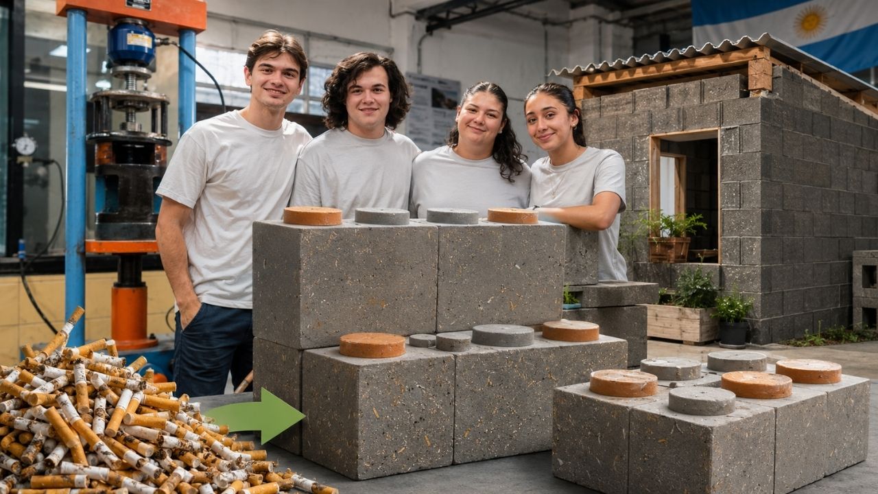Bitucas de cigarro que iriam para o lixo viraram tijolos ecológicos para construção de casas em projeto de estudantes da Argentina; os blocos de encaixe usam 60% de material reciclado (2)