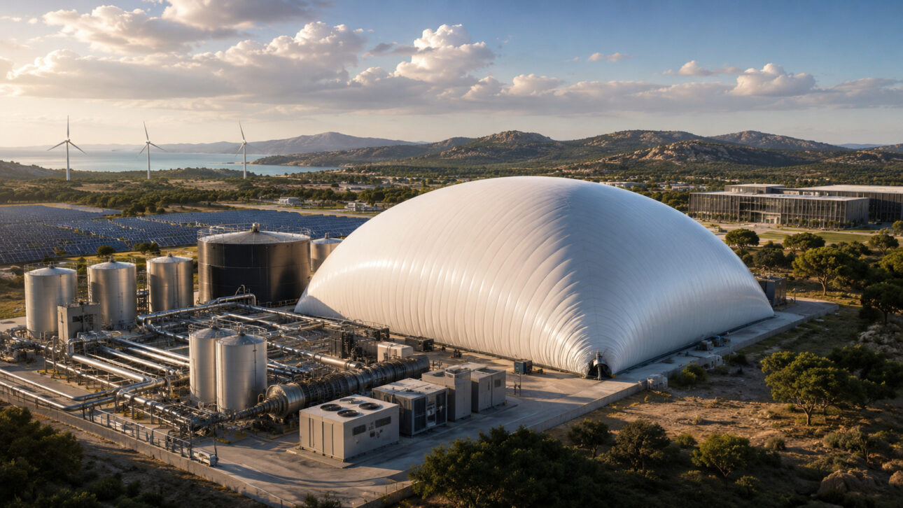 Bolha com 2 mil toneladas de CO2 vira bateria gigante na Itália, atrai o Google e coloca a Sardenha no centro da nova corrida por armazenamento de energia.