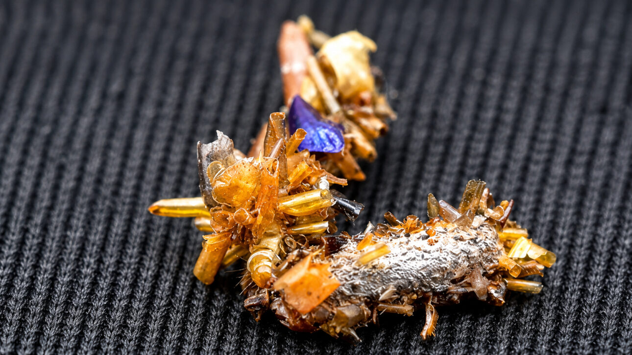 Bone Collector, uma lagarta carnívora que vive em teias de aranha e usa partes de insetos mortos como camuflagem