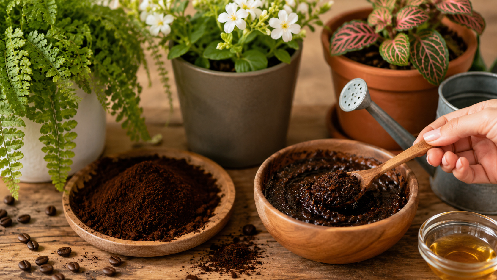 Borra de café sendo reaproveitada em uma tigela ao lado de vasos com plantas ornamentais, destacando o uso do resíduo como adubo natural para o jardim e ingrediente de esfoliação corporal caseira.