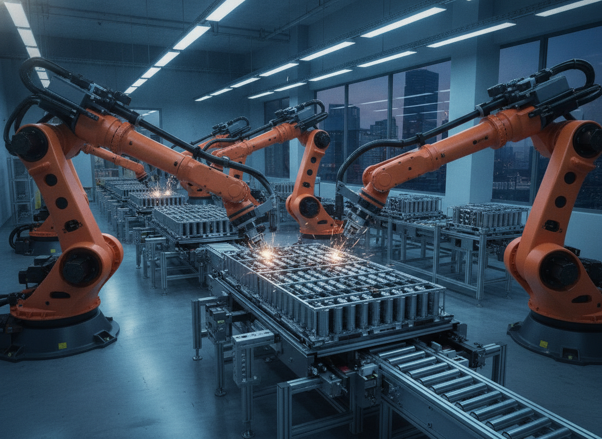 Braços robóticos industriais montando módulos de bateria numa fábrica automatizada
