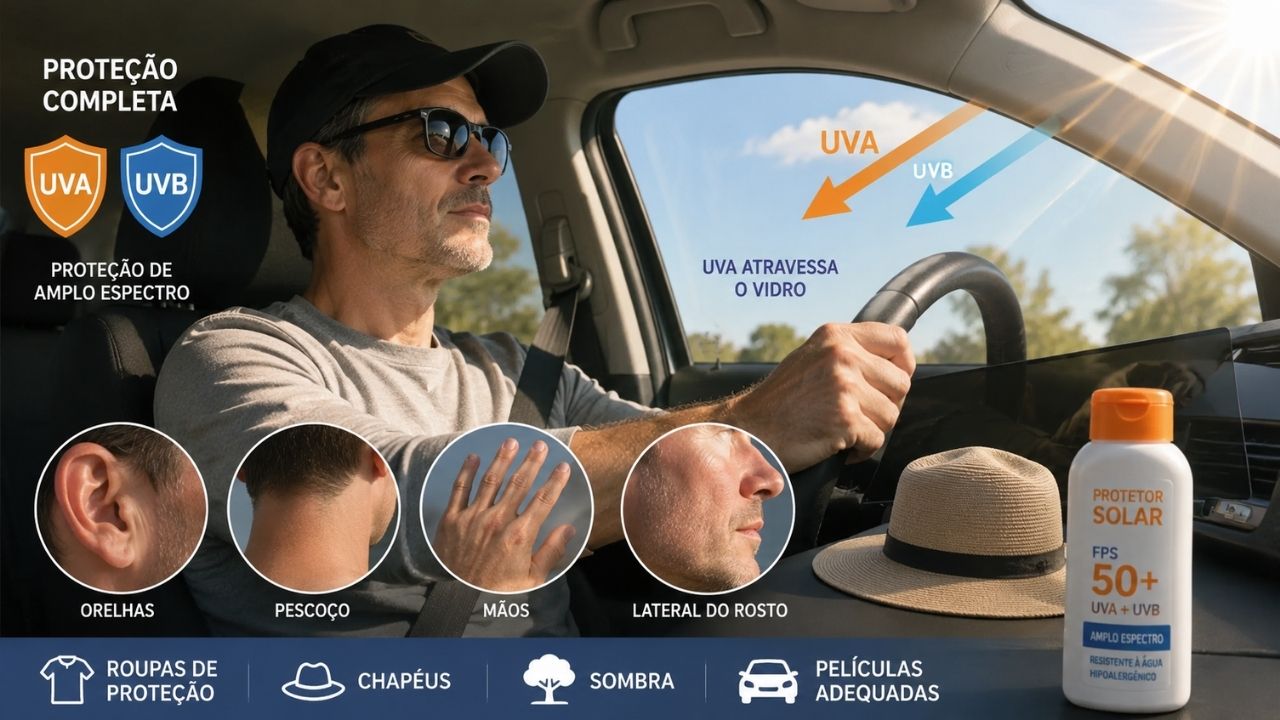 Caminhoneiro sofre fotoenvelhecimento após raios UVA atravessarem o vidro lateral, expondo efeitos da radiação ultravioleta.