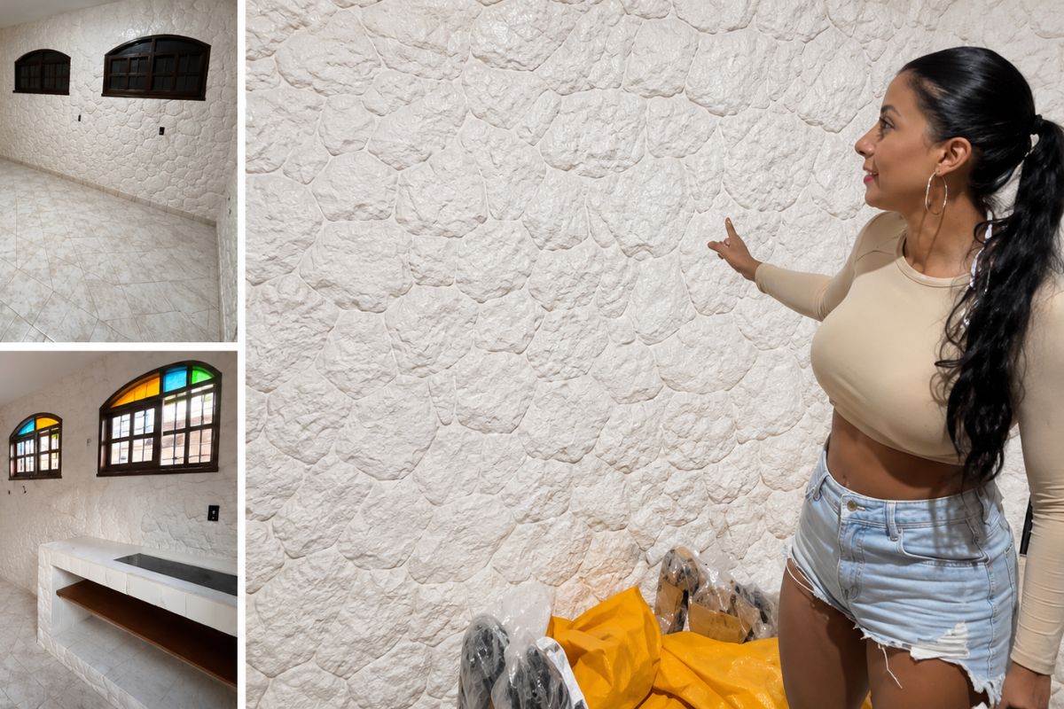 Ela fez a parede e a bancada da cozinha com pedras de gesso moldadas em casa. Veja o passo a passo da reforma feita sem pedreiro, gastando pouco. (150 caracteres)