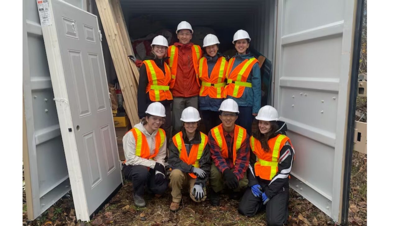 The members of Sustaingineering are UBC students from different areas. Back row (from left to right): Ellie Smith, Johan Gavin, Isabella Ma, Cara Chapman. Front row (from left to right): Talia Lemieux, Josephine Sopotiuk, Kyle Wong, Veronica Ehrensperger. (Dannielle Piper/CBC)