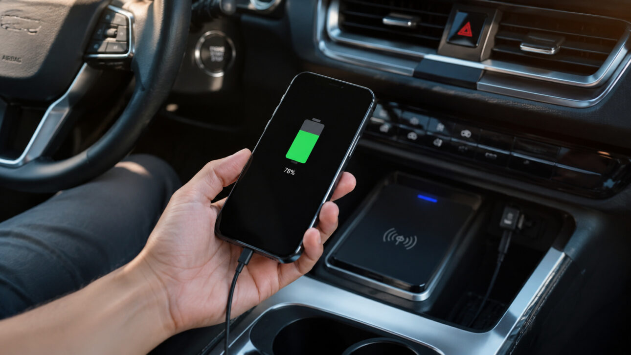 Motorista segura smartphone conectado por cabo ao lado da base de carregamento por indução no console do carro.