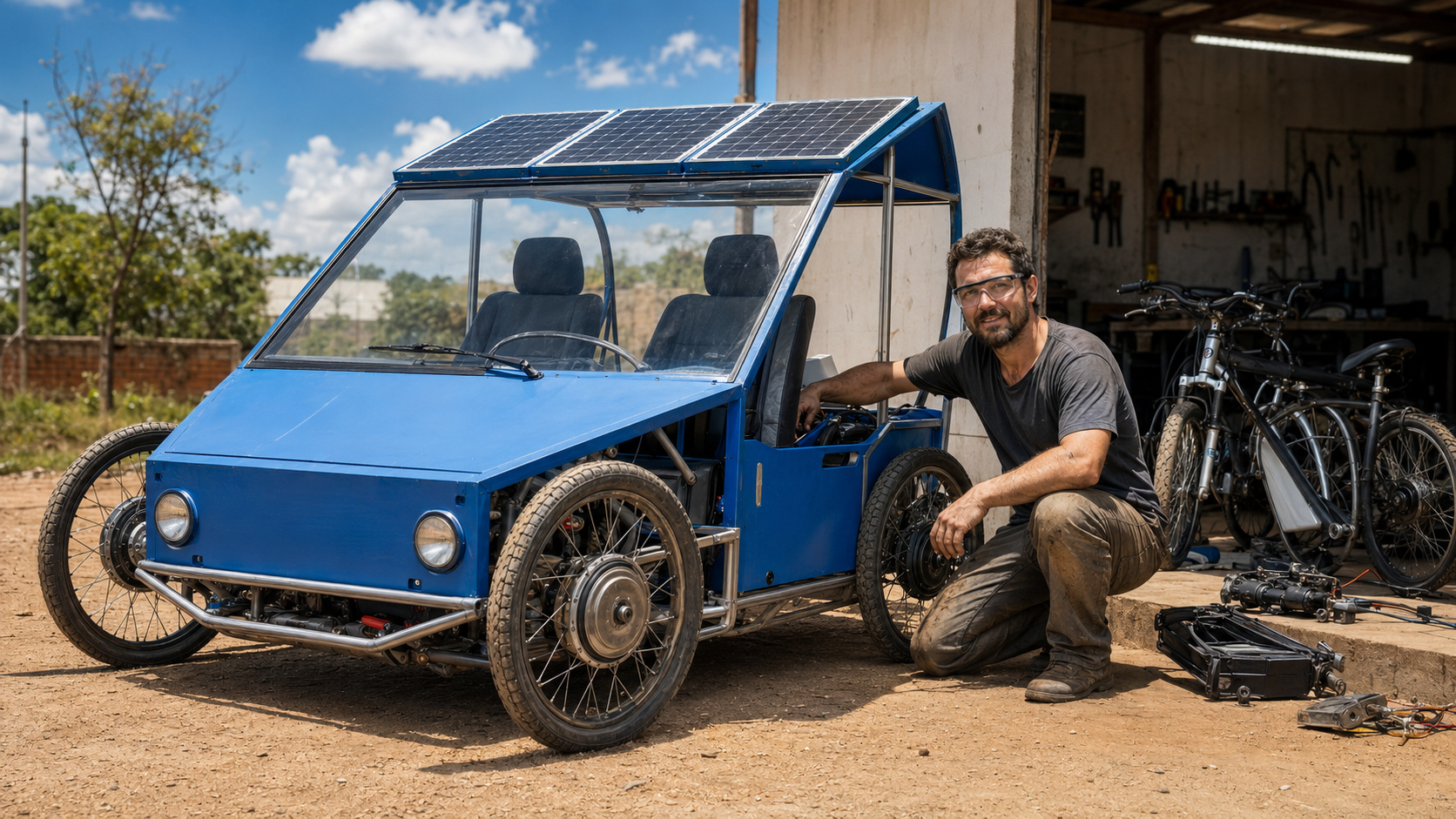 Carro solar artesanal nasce de duas bicicletas elétricas desmontadas