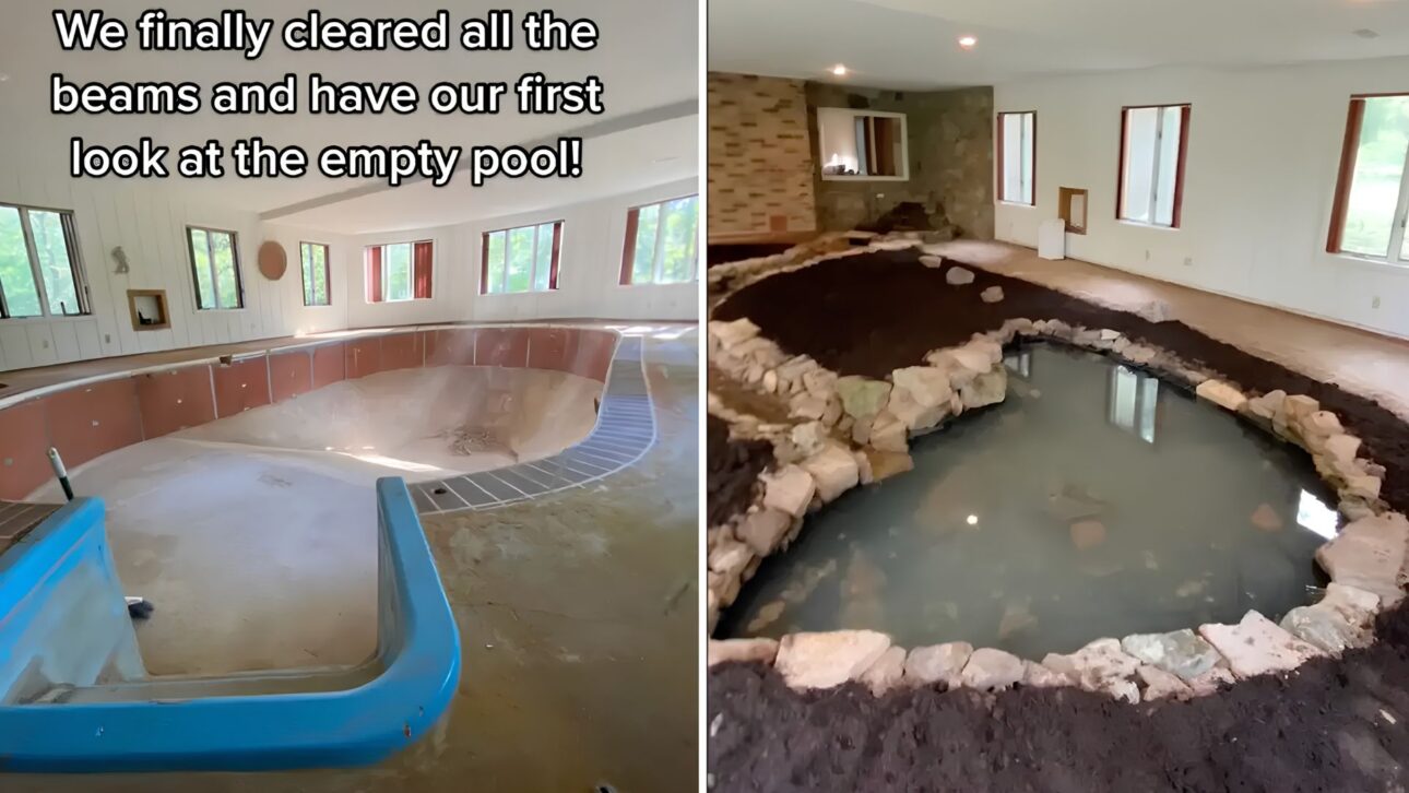 Emily Jean Henry encontrou uma piscina interna de 3,6 metros sob o piso de casa no Arkansas e transformou o espaço em átrio com plantas e lago.