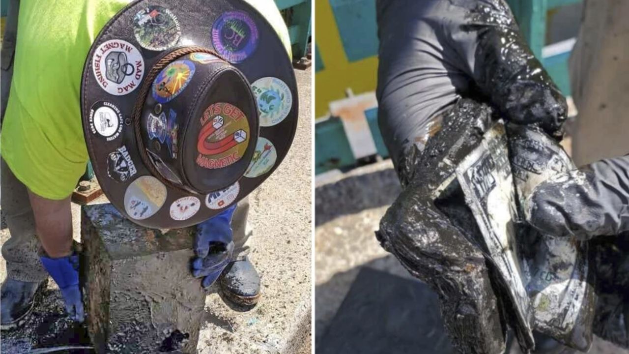 Casal fazia pesca com ímã em lago de Nova York quando puxou cofre viscoso com até US$ 100 mil em notas de 100 dólares, chamou a polícia e ouviu que poderia ficar com o dinheiro (2)