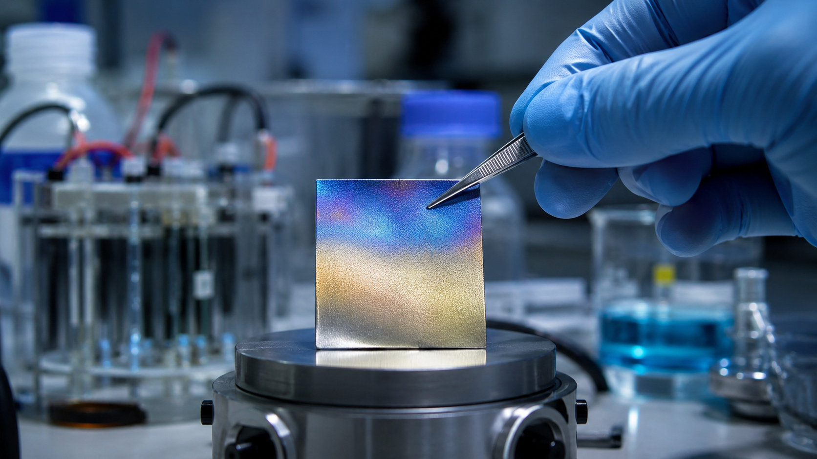 Pesquisador manipula um ânodo metálico em laboratório durante testes para desenvolver tecnologia que torna a produção de hidrogênio verde mais eficiente e econômica.