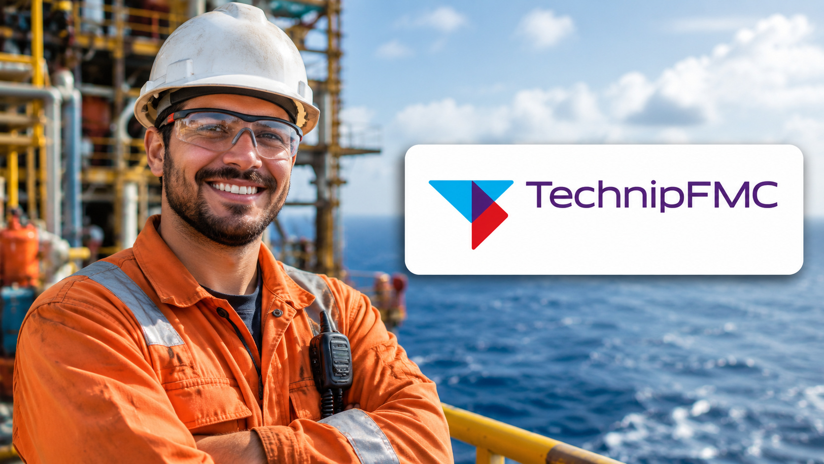 Técnico de Serviços Offshore sorri em plataforma marítima enquanto o logotipo da TechnipFMC aparece em destaque ao lado, representando vaga offshore para atuação embarcada em Macaé (RJ).