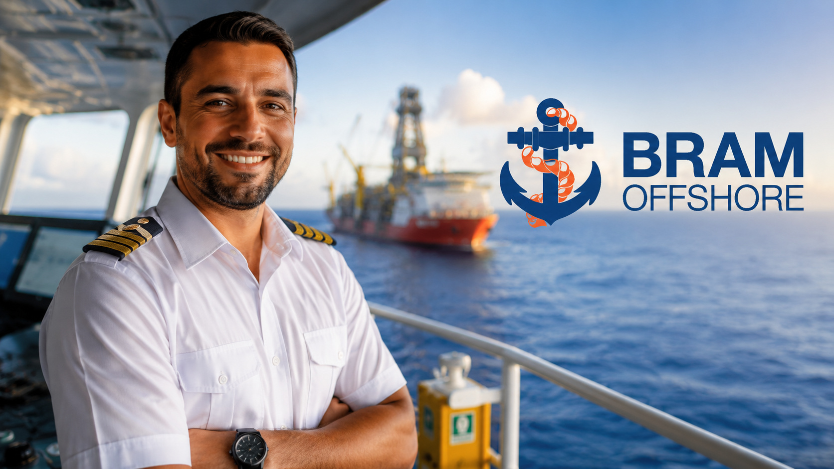 Oficial de Quarto de Náutica sorri para a câmera a bordo de uma embarcação offshore, com navio de apoio marítimo ao fundo e o logotipo da Bram Offshore em destaque.