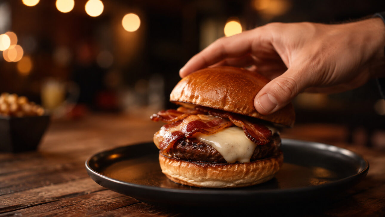 Mano posiciona el pan sobre hamburguesa artesanal con carne, queso derretido y tocino en plato oscuro.