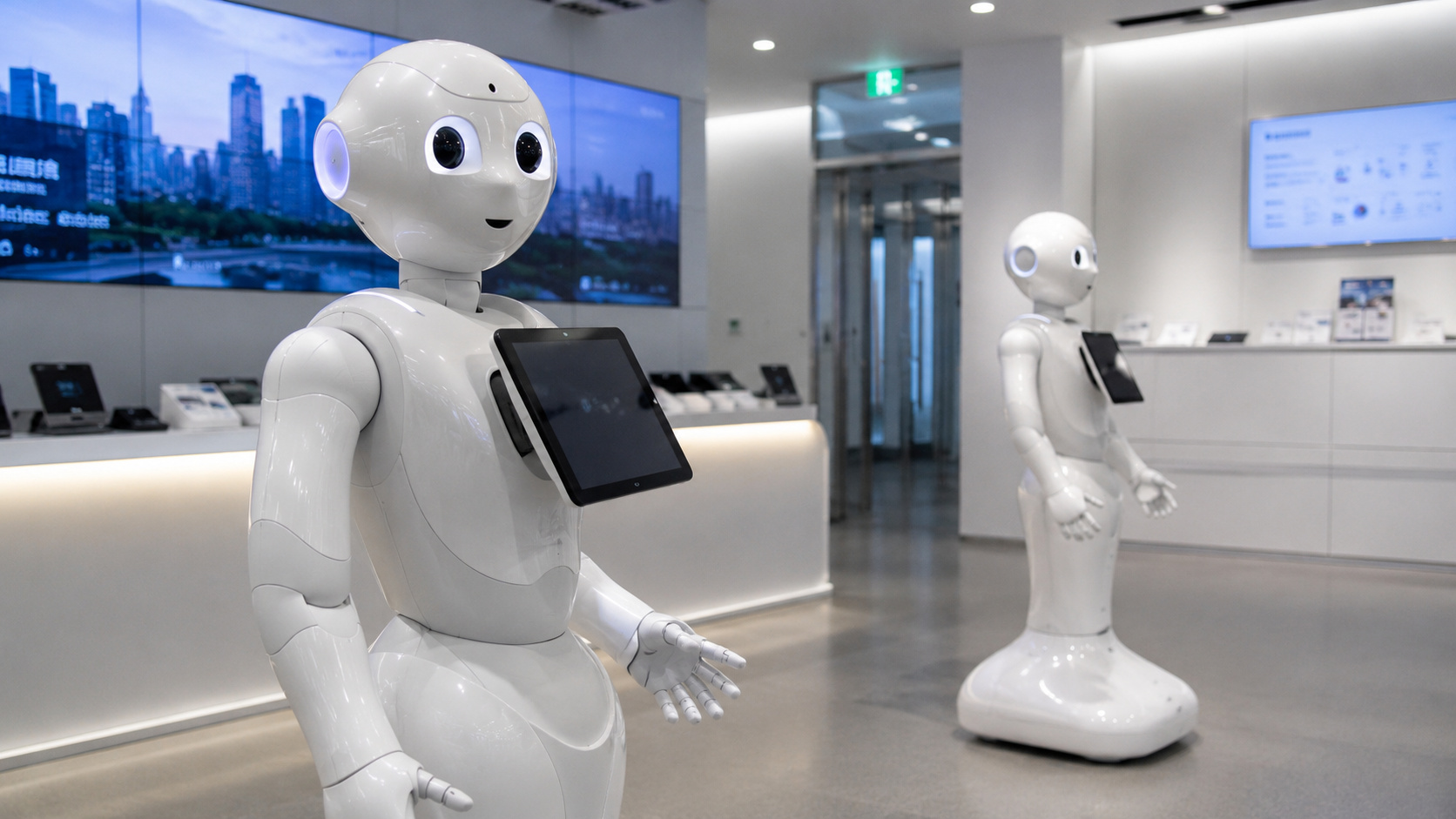 Dois robôs humanoides com telas no peito em um ambiente tecnológico moderno, representando o plano do Japão para expandir a inteligência artificial e a robótica até 2040.