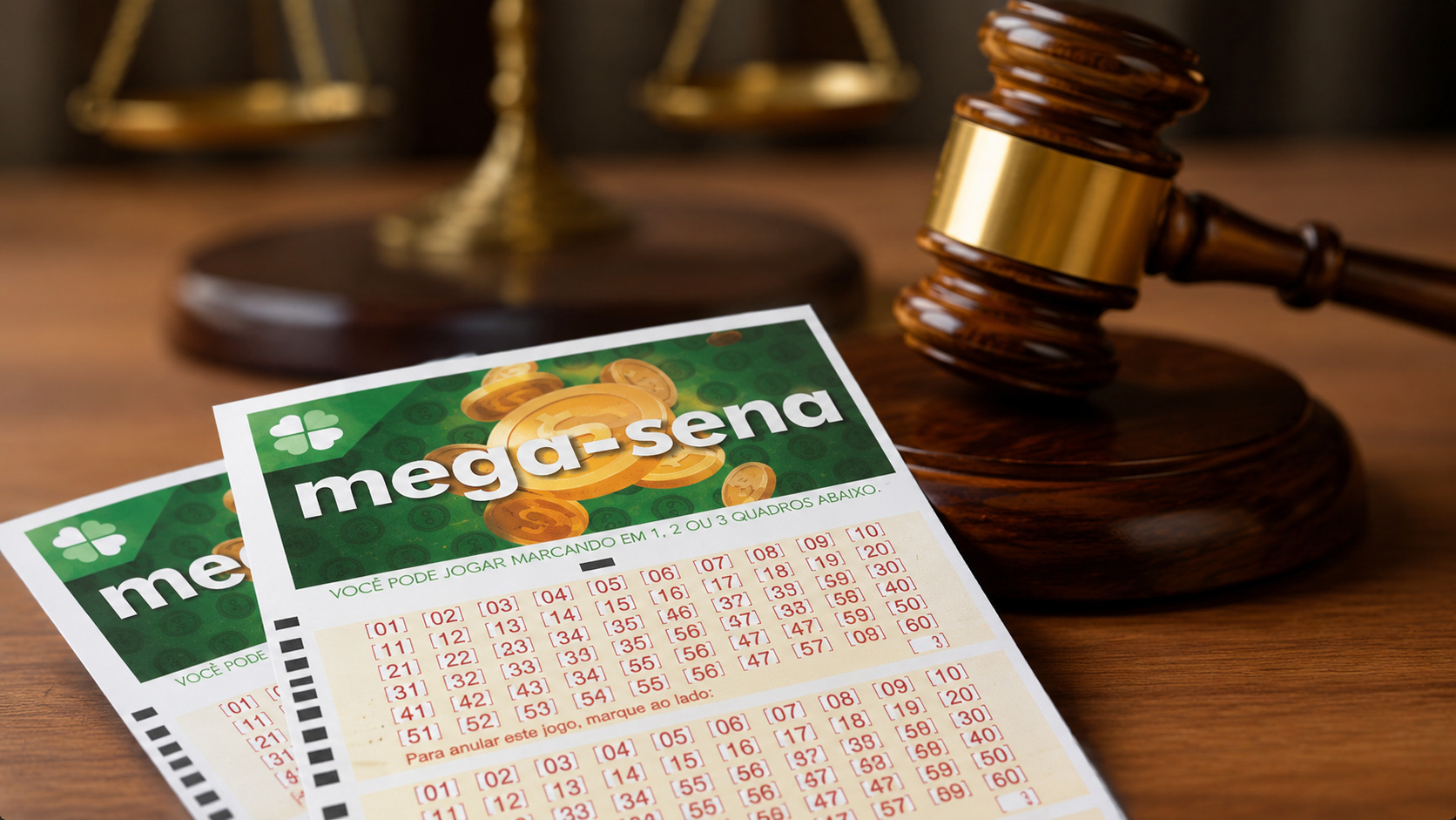 Bilhetes da Mega-Sena sobre uma mesa em primeiro plano, com um martelo de juiz desfocado ao fundo, simbolizando uma disputa judicial envolvendo um prêmio milionário da loteria.