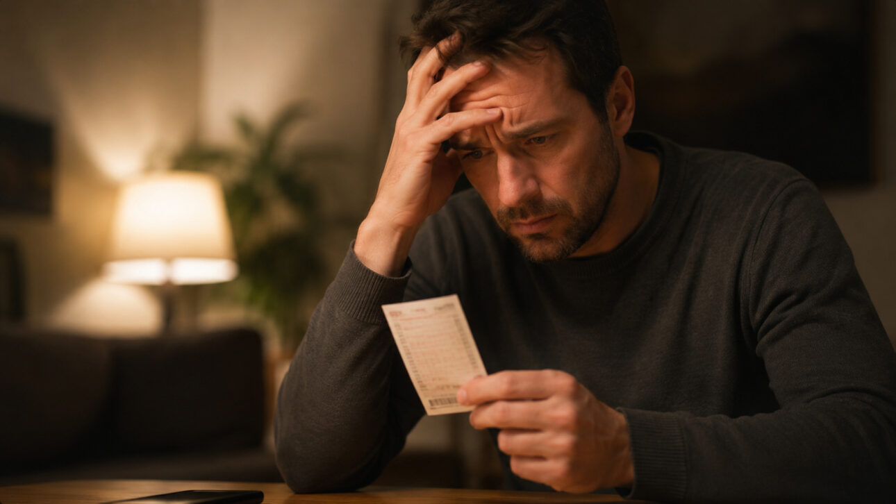 Homem com expressão de tristeza e preocupação segura um volante da Mega-Sena enquanto observa o bilhete, representando as consequências de uma disputa judicial por um prêmio milionário.