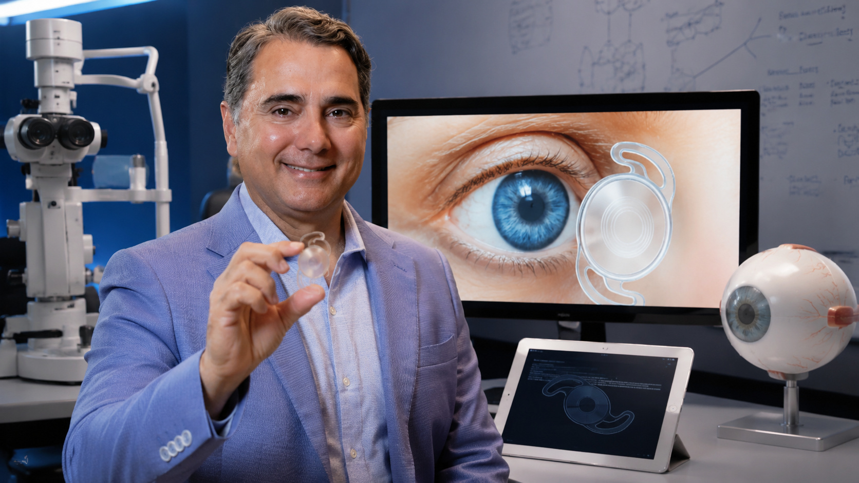 Pesquisador brasileiro apresenta uma lente intraocular inovadora em laboratório de oftalmologia, com equipamentos médicos e imagem ampliada do implante utilizado na cirurgia de catarata ao fundo.