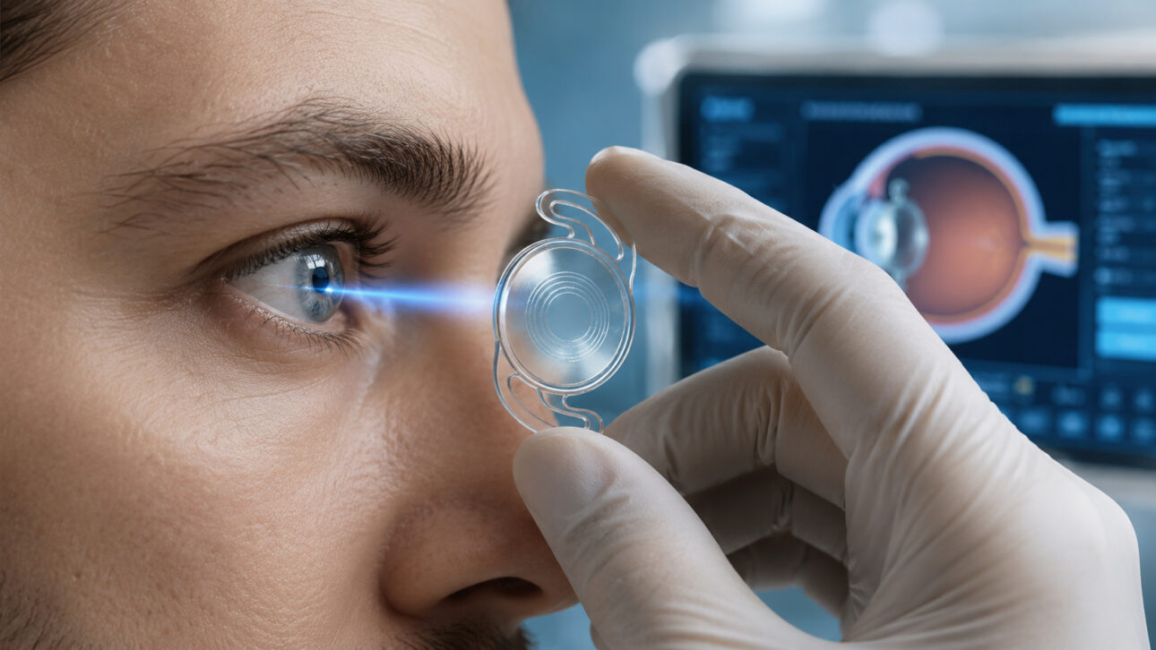 Close-up de un ojo humano durante evaluación oftalmológica con una lente intraocular de tecnología avanzada posicionada frente al ojo, ilustrando el funcionamiento de la innovación desarrollada para la cirugía de catarata.
